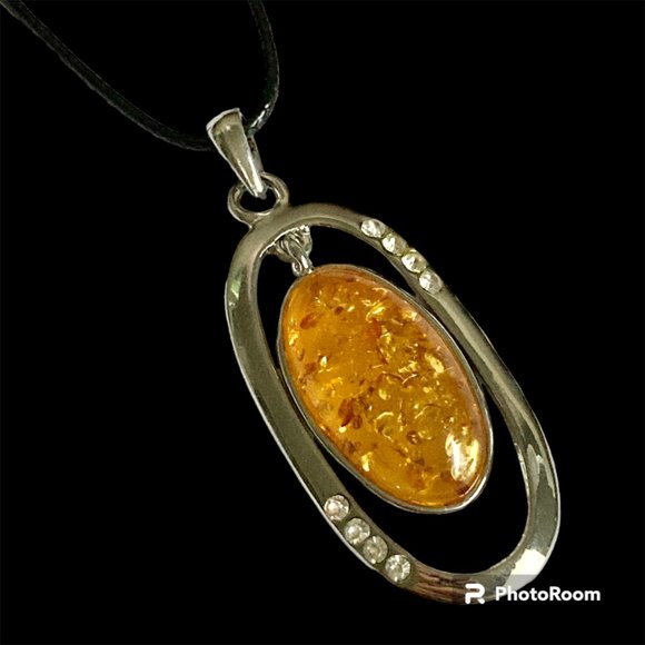 Vintage Honey Yellow Amber Necklace Art Deco Crystal 18" Simulated Silver Plated - Picture 4 of 10
